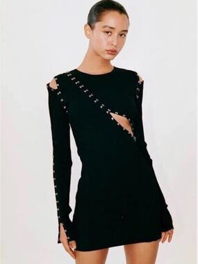 With Jean Black Cutout Long-Sleeve Mini Dress